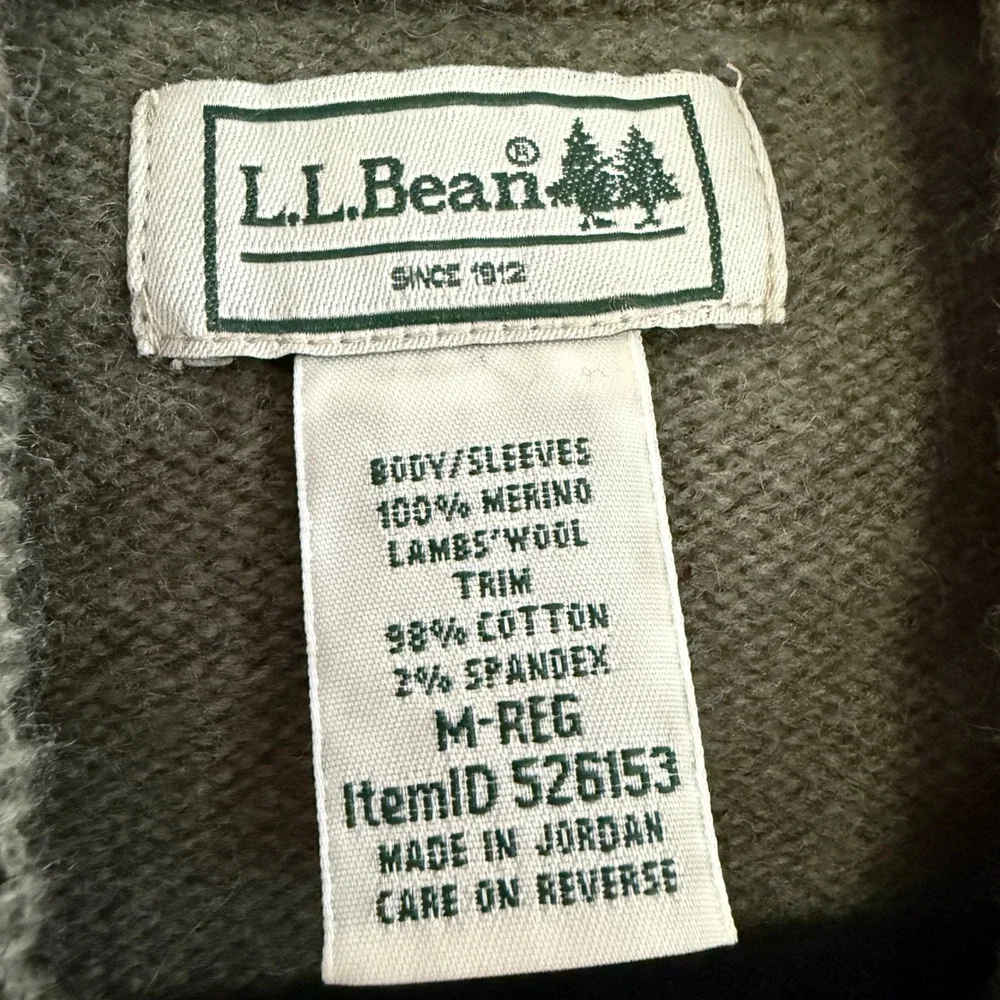 LL Bean Maine Guide Lambswool Sweater Elbow Patch Olive Sz M Quiet Luxury Preppy